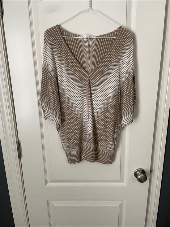 Max Studio Tops - Max Studio Taupe and Cream Striped V-Neck Top